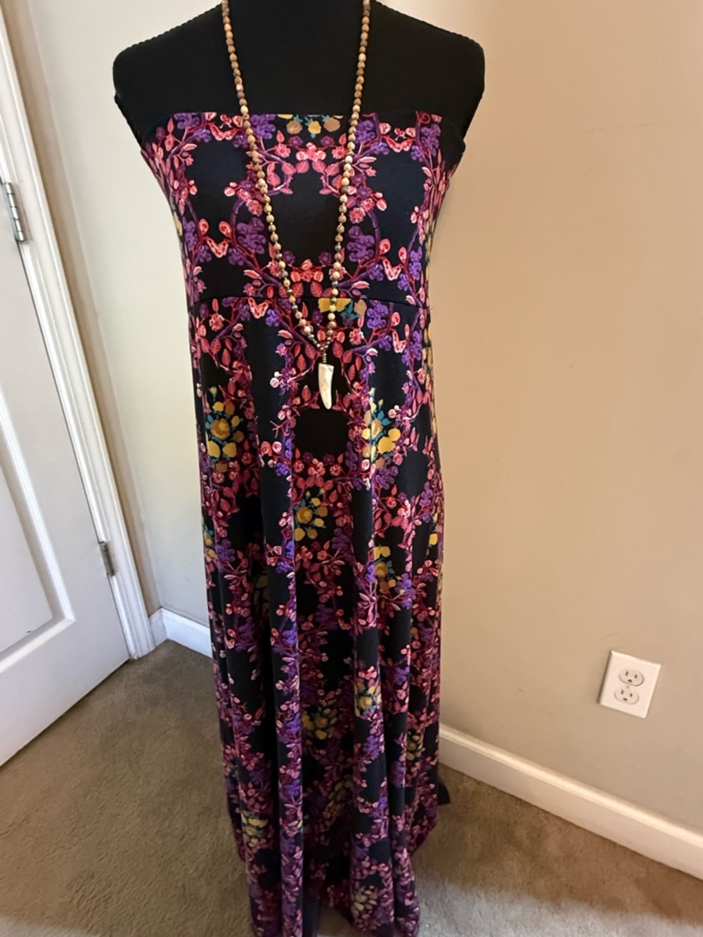 Strapless Floral Maxi Dress in Black with Pink & Purple Print